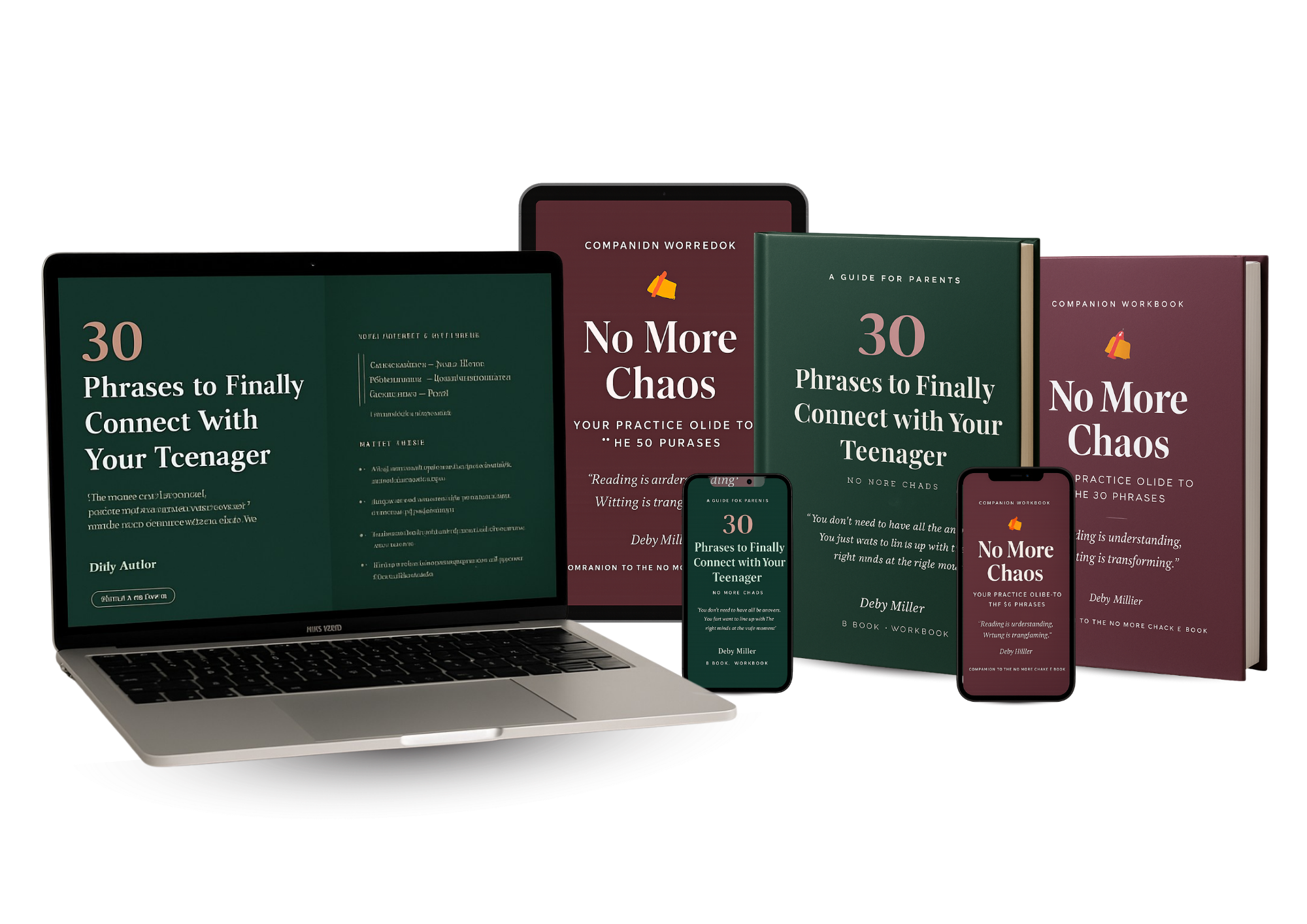 No More Chaos and 30 Phrases to Finally Connect with Your Teenager, shown on laptop, tablet and phone